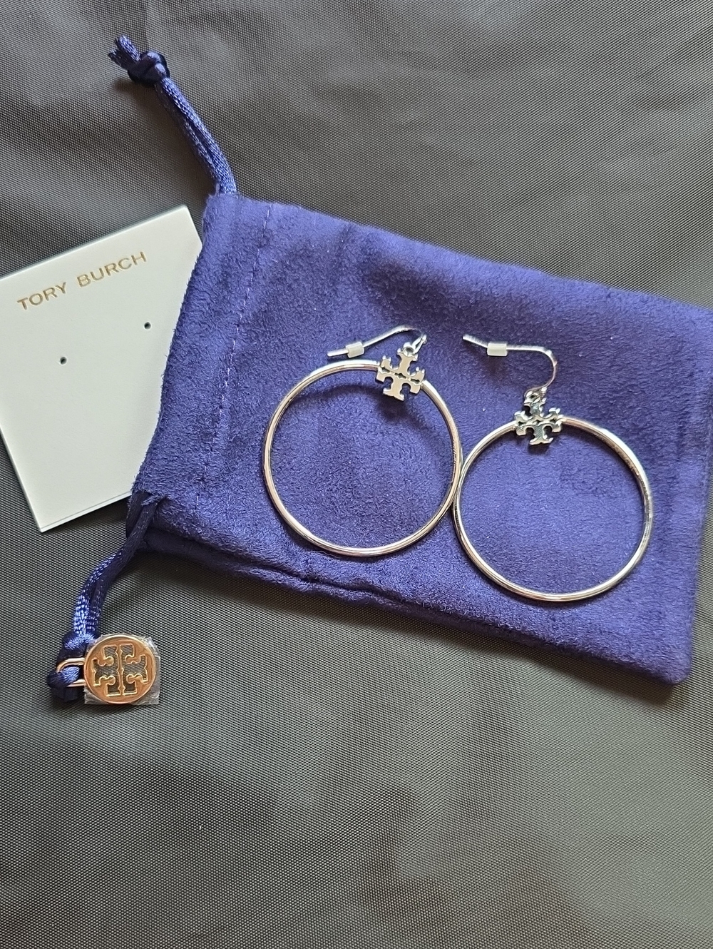 Tory Burch Silver Tone Stacked T Logo Hoop Earrings